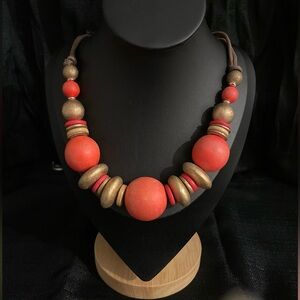 Vintage Wood Bead Coral and Gold Necklace